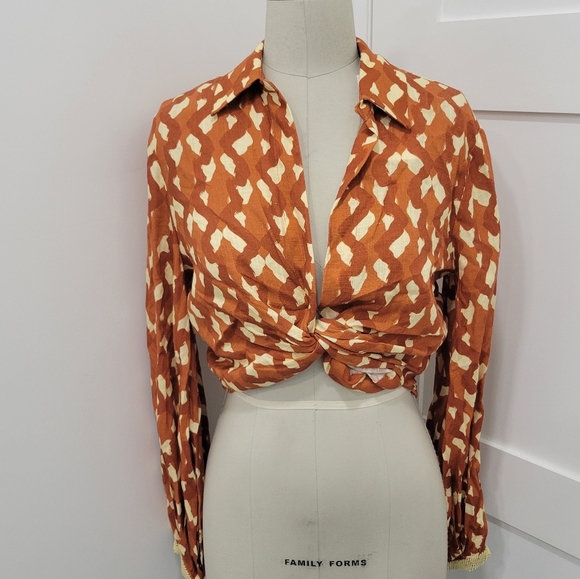 Zara Linen Blend Printed Top in Terracotta With Sequins Beads Sleeves Size S - Picture 4 of 16